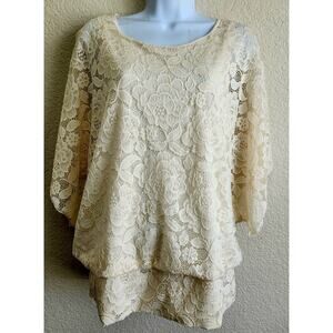 Brittany Black Cream Lace Overlay Dolman Sleeve Top XL Lightweight Soft Flowy